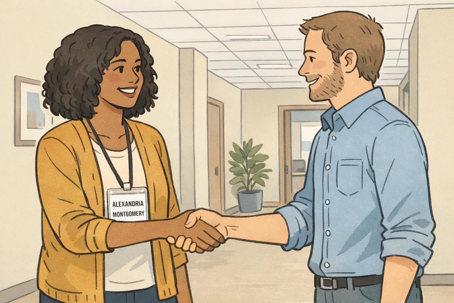 A hallway greeting where a person wears a vertical lanyard badge displaying a balanced two-line name split for easier scanning.