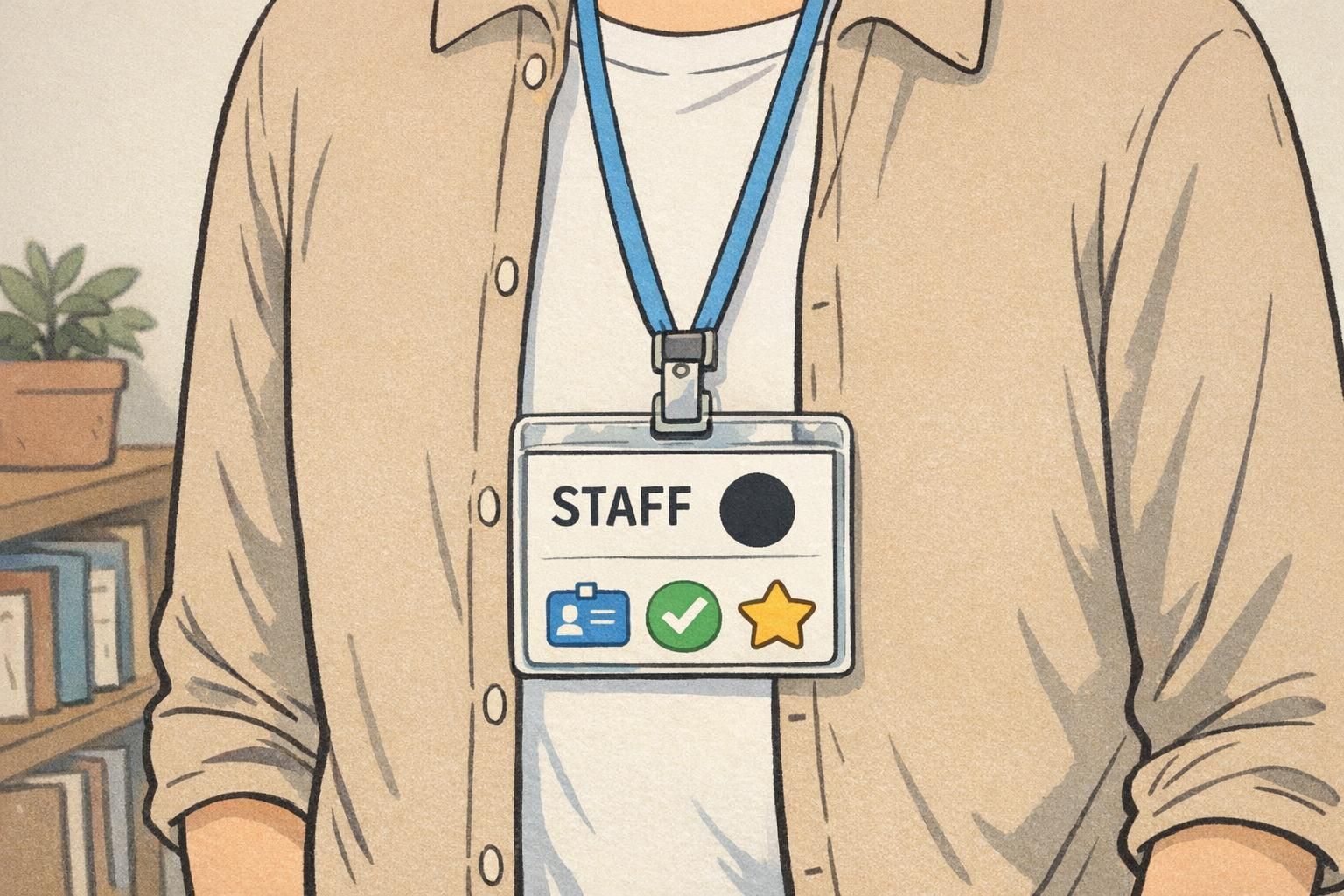 Close-up of an ID card on a lanyard with a bold circle icon next to the word STAFF, a simple visual cue intended for quick role identification from a distance.