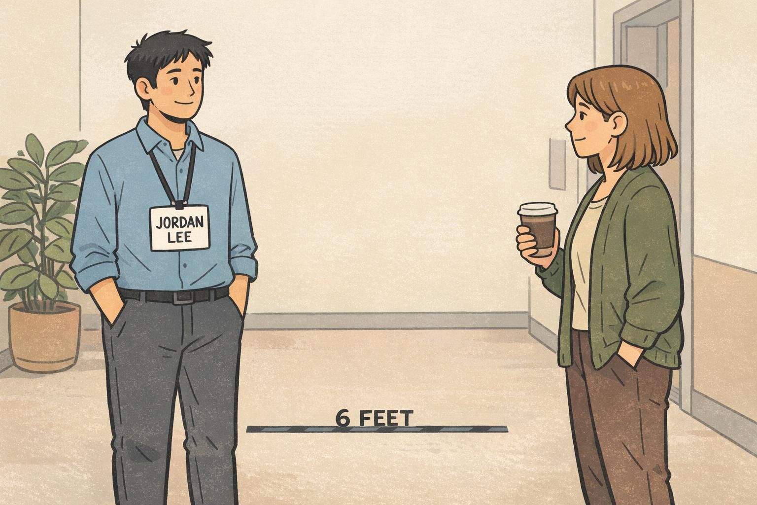 Two coworkers stand six feet apart while one reads a chest-worn badge to test legibility across distance.