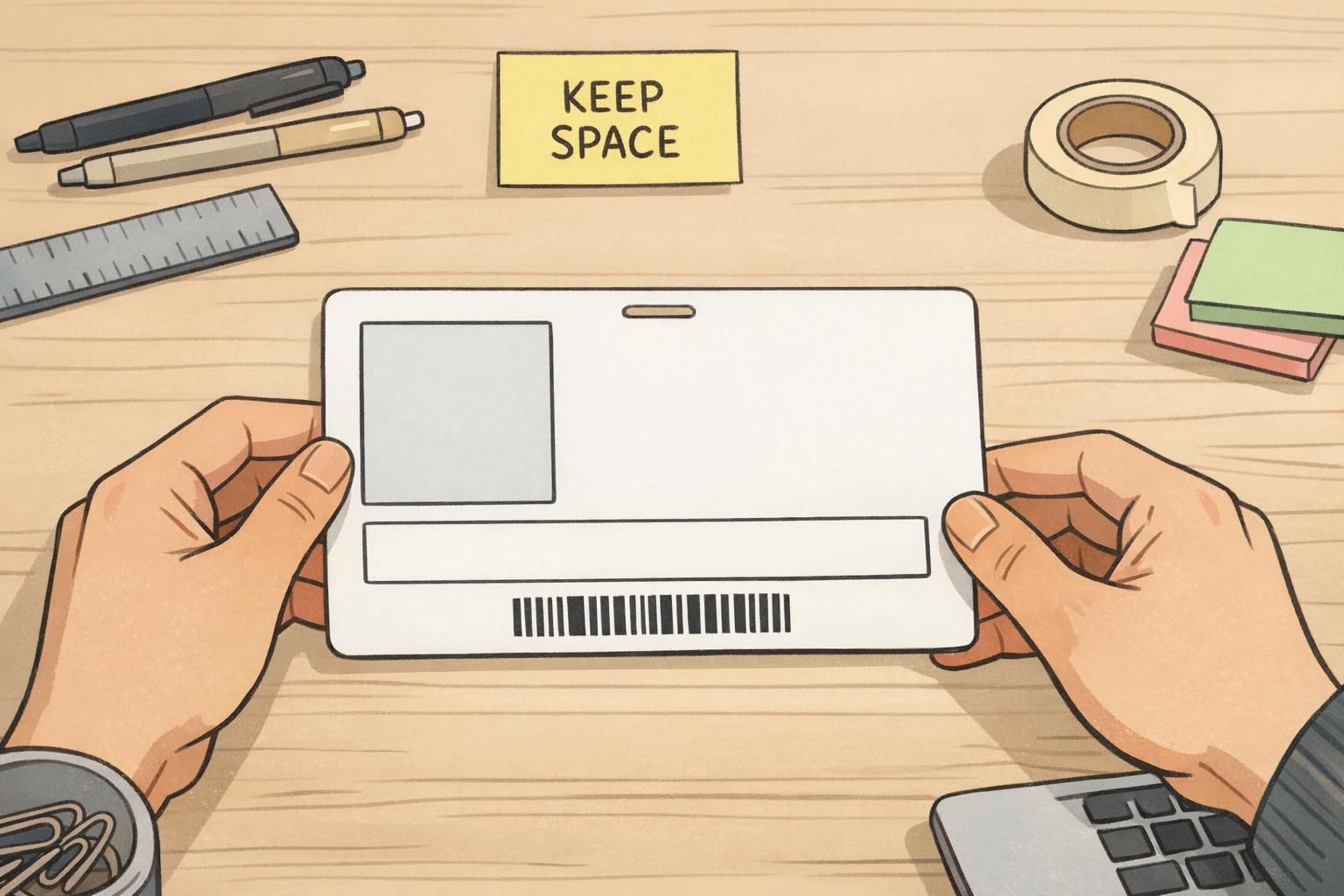 Designer arranging an ID card layout with a dedicated portrait box, name area, and barcode zone, showing clear spacing that prevents clutter around the photo.