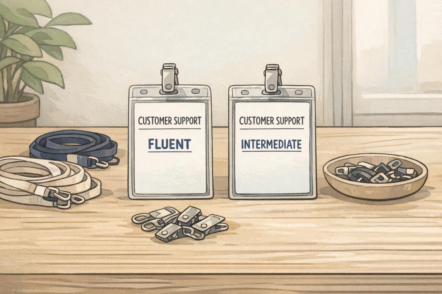 Onboarding table with lanyards, clips, and vertical ID cards showing customer support roles and proficiency tiers like Fluent and Intermediate as communication tools.