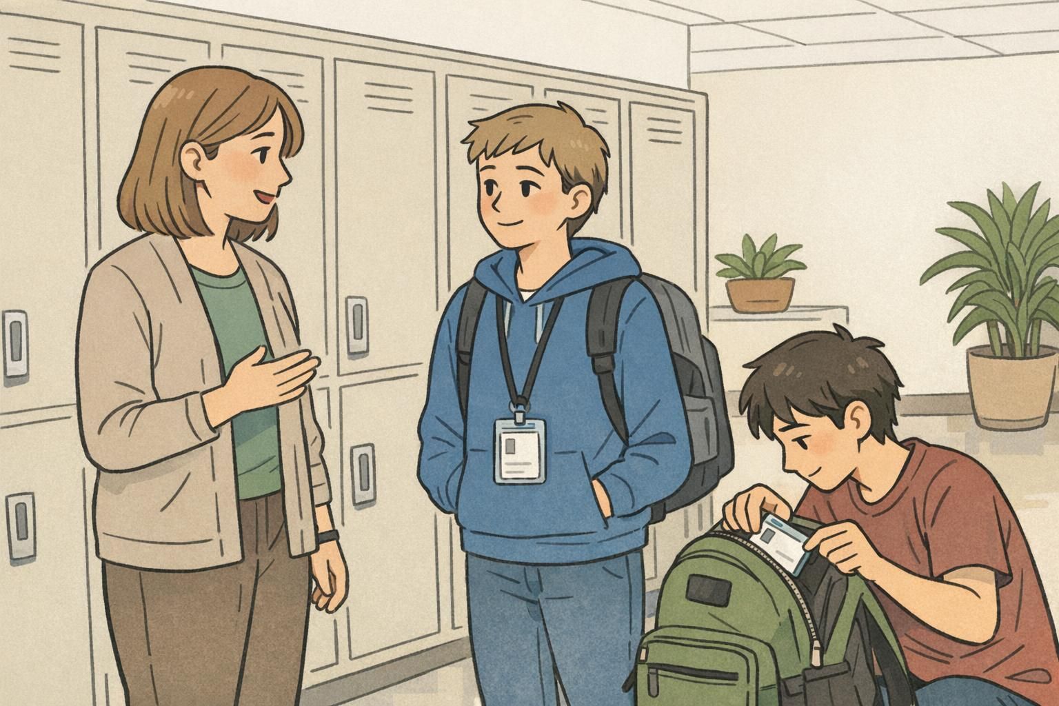 A middle school hallway where a teacher calmly reminds two students about wearing IDs as part of daily routines while one student retrieves an ID from a backpack.