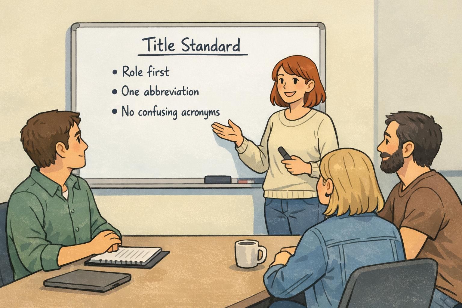 A small team meeting at a whiteboard where participants align on a title standard emphasizing role-first ordering and a single approved abbreviation per role.