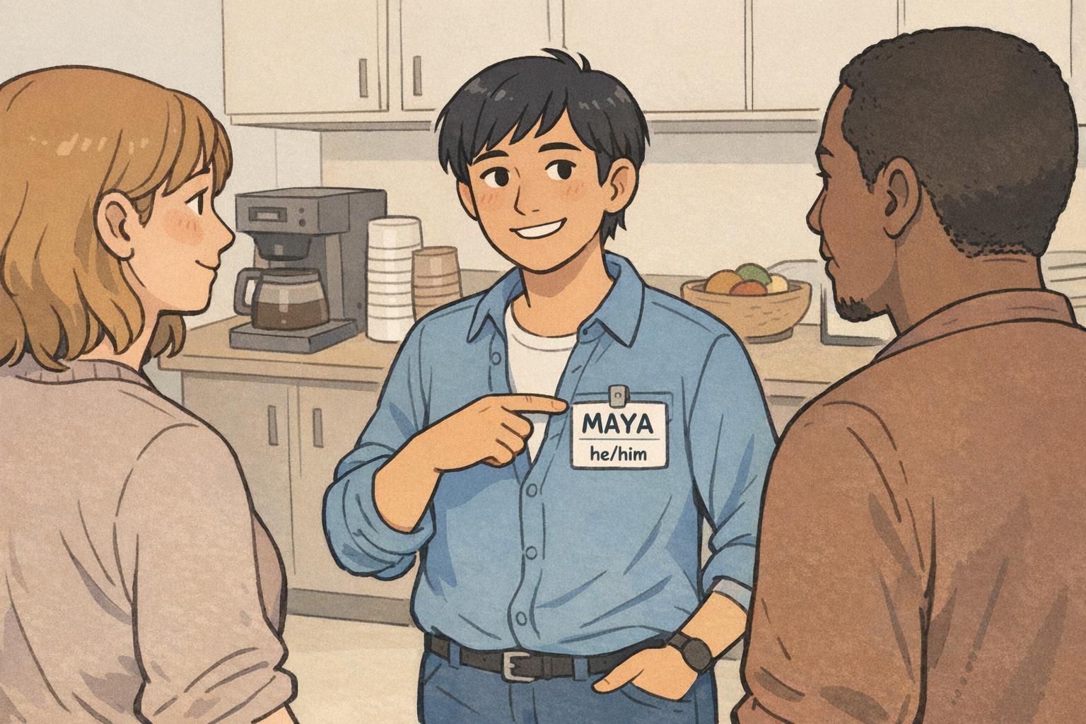 Coworker pointing to a name badge during introductions in a break room; the badge reads “MAYA” with the pronouns “he/him.”