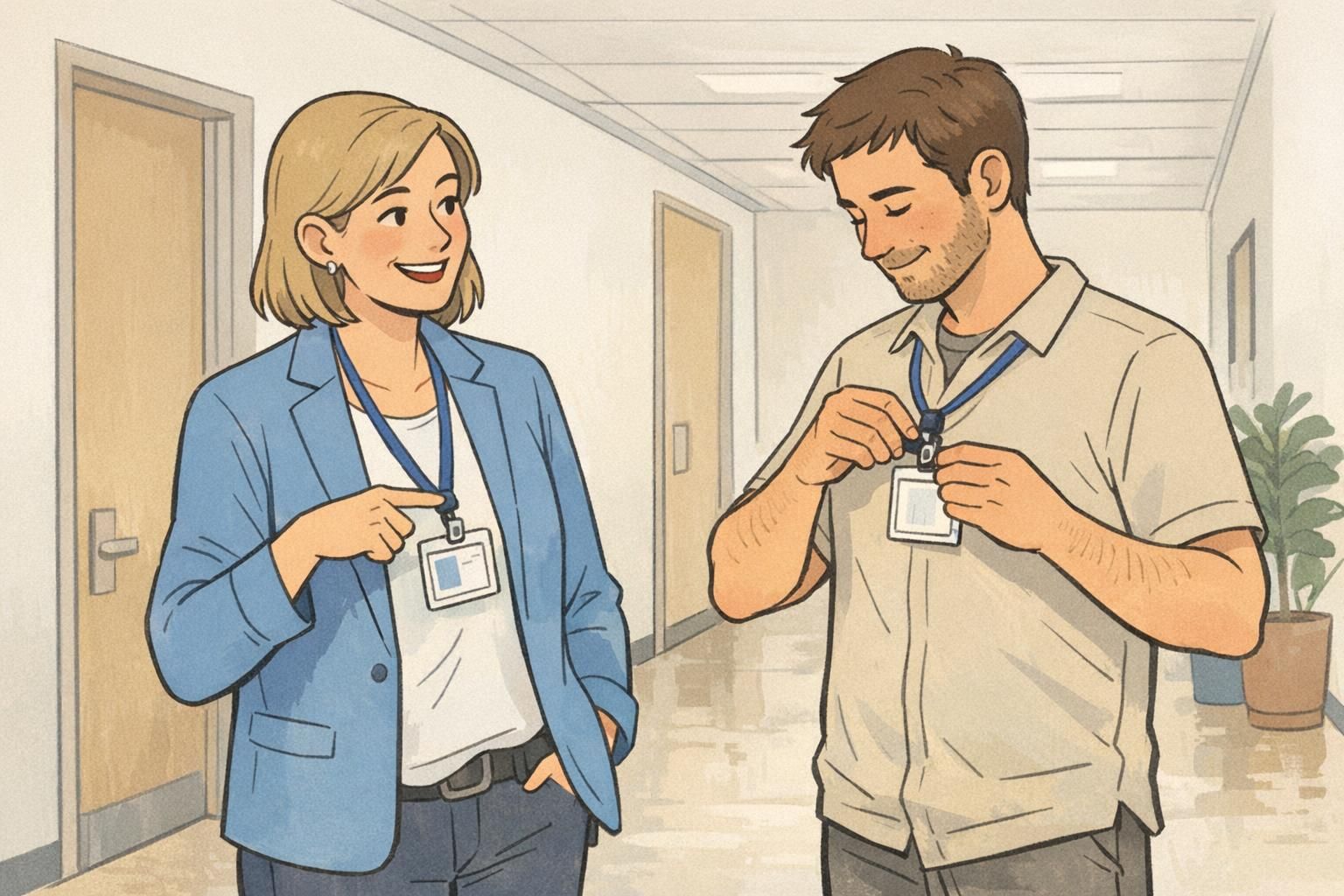 A manager giving a respectful reminder while a team member clips on an ID badge, illustrating practical ID badge rules and support.