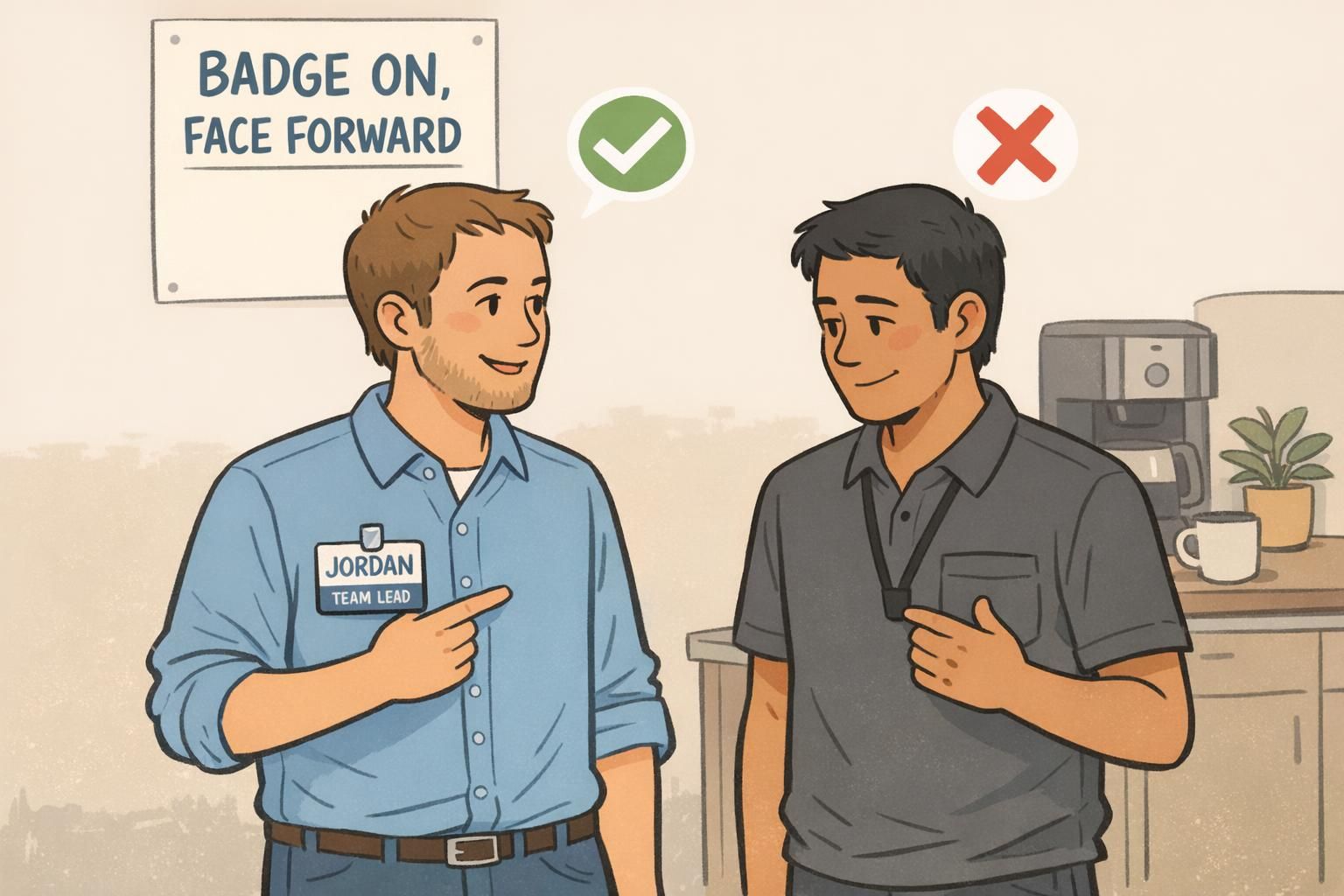 Two coworkers compare correct upper-chest badge placement versus a lanyard tucked into a pocket, illustrating proper badge visibility and placement.