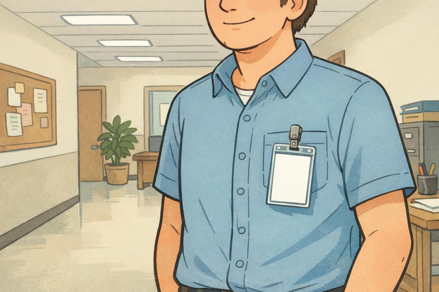 Staff member in a hallway wearing a matte ID card that stays evenly visible under mixed overhead lighting, illustrating reliable badge readability.