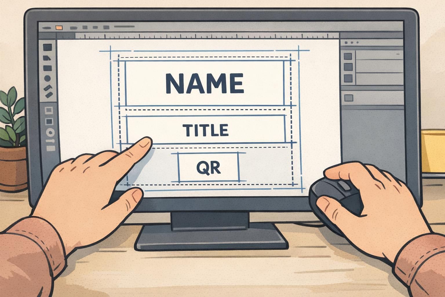 Close-up of a badge layout on a computer screen showing margin and padding guides around NAME, TITLE, and QR to create an uncluttered ID.