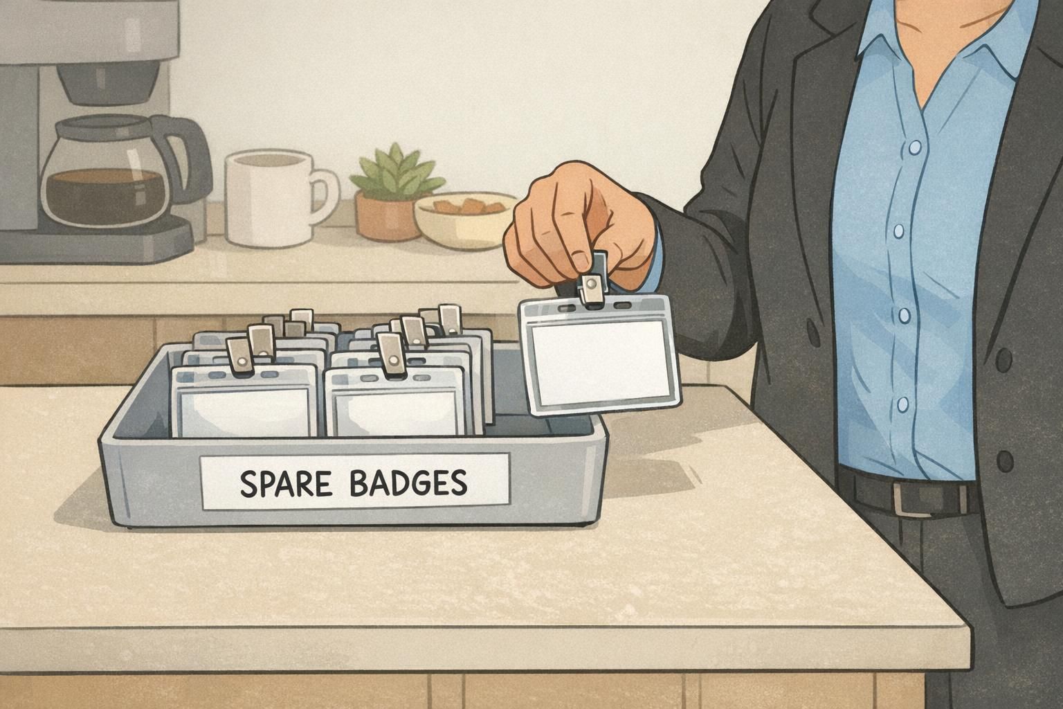 Leader picks up a temporary ID from a neat tray of spare badges in a breakroom to support consistent badge compliance.