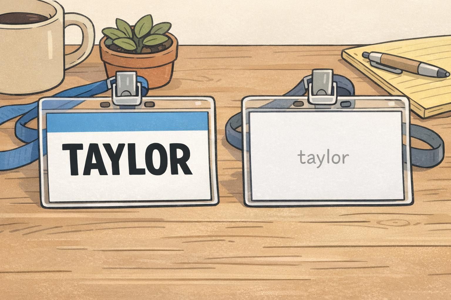 Close-up comparison of two name badge layouts side-by-side: a high-contrast badge labeled TAYLOR and a low-contrast cramped example to illustrate readability differences.