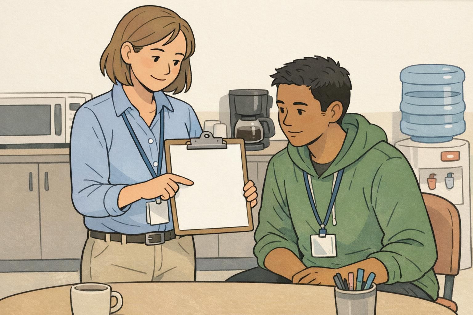 Supervisor and employee reviewing a badge policy checklist in a breakroom, illustrating service identification procedures and replacement processes.