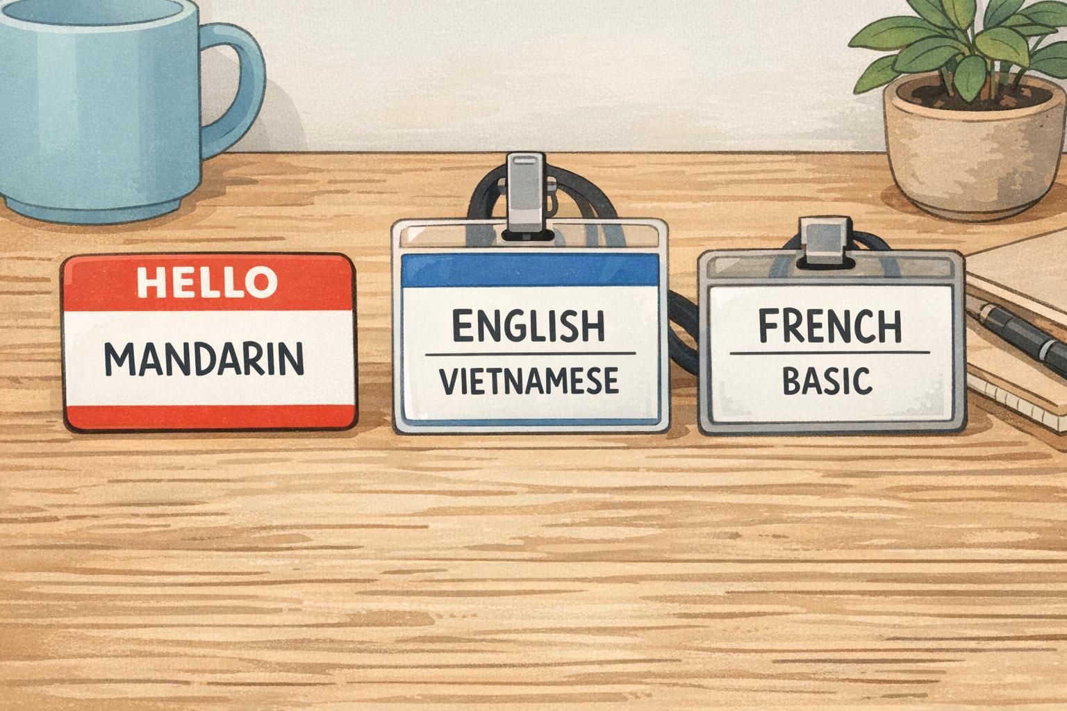 Close-up of three badge layout samples on a tabletop showing Mandarin, English/Vietnamese, and French with a Basic proficiency label.