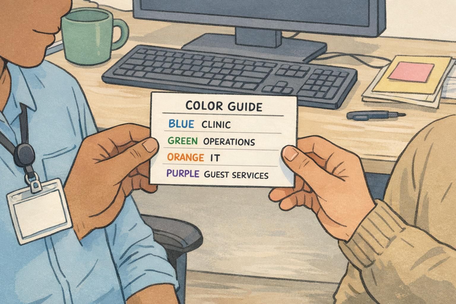 Two employees at a workstation reviewing a printed department color guide card showing blue, green, orange, and purple assignments for consistency.