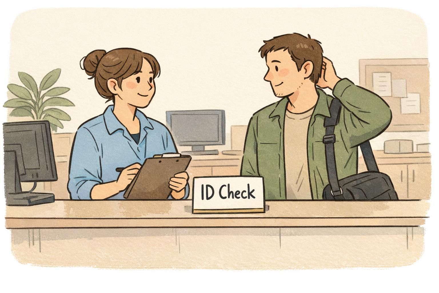 Front desk staff member assists a coworker who forgot an ID badge during an ID check, illustrating a calm reception interaction and exception handling.