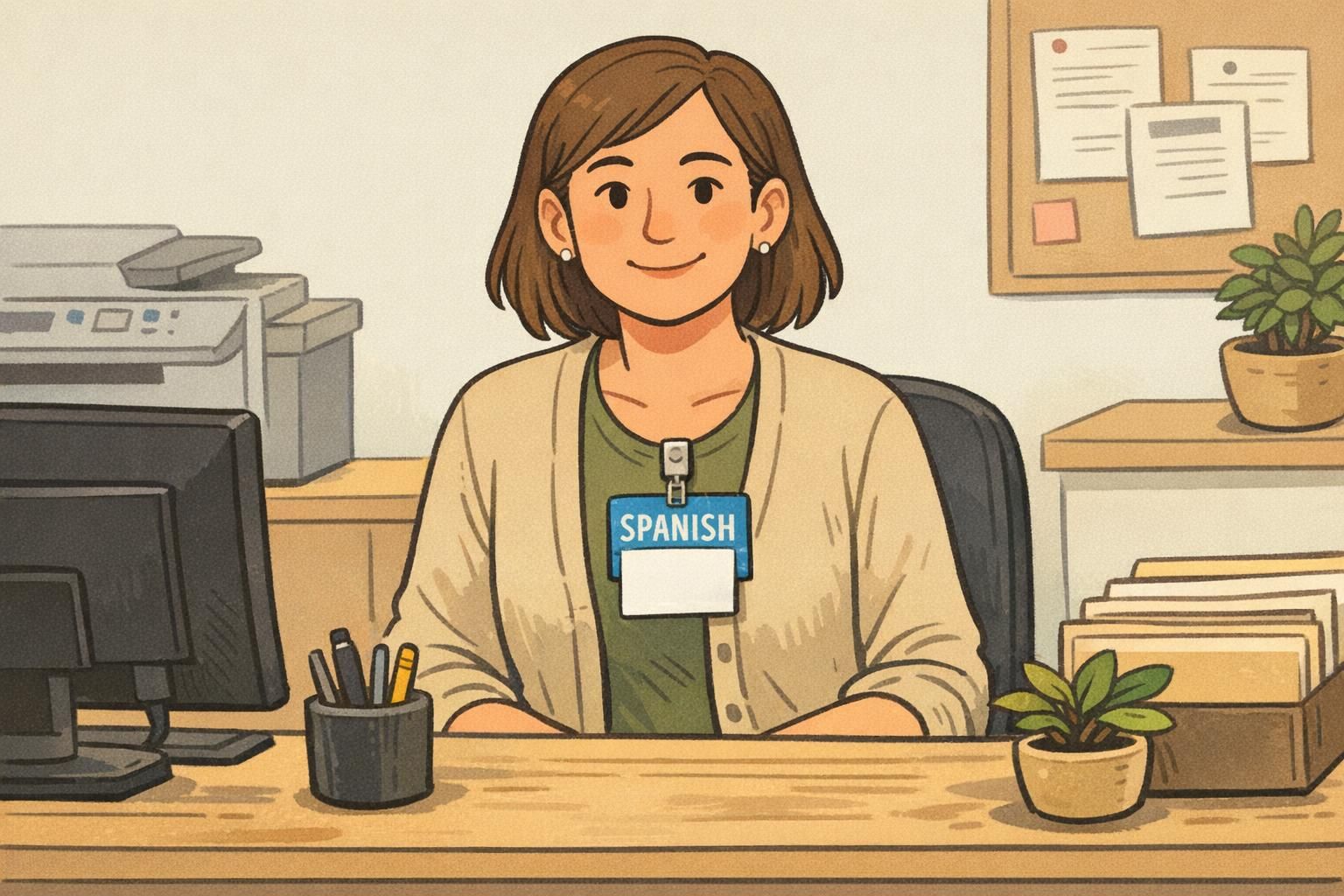Front-desk worker wearing a light-blue badge buddy behind an ID card where the language label clearly reads Spanish for visible on-the-job support.
