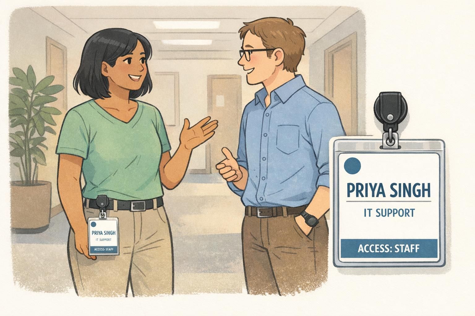 Office hallway with a coworker wearing a retractable reel and a clear vertical ID card that emphasizes a large name, visible role, and a small circular logo.
