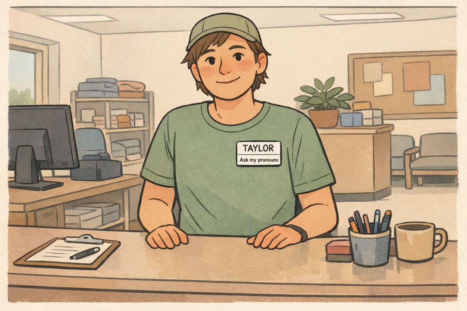 Front-desk staff wearing a reusable magnetic name tag that reads “TAYLOR” and includes the prompt “Ask my pronouns.”