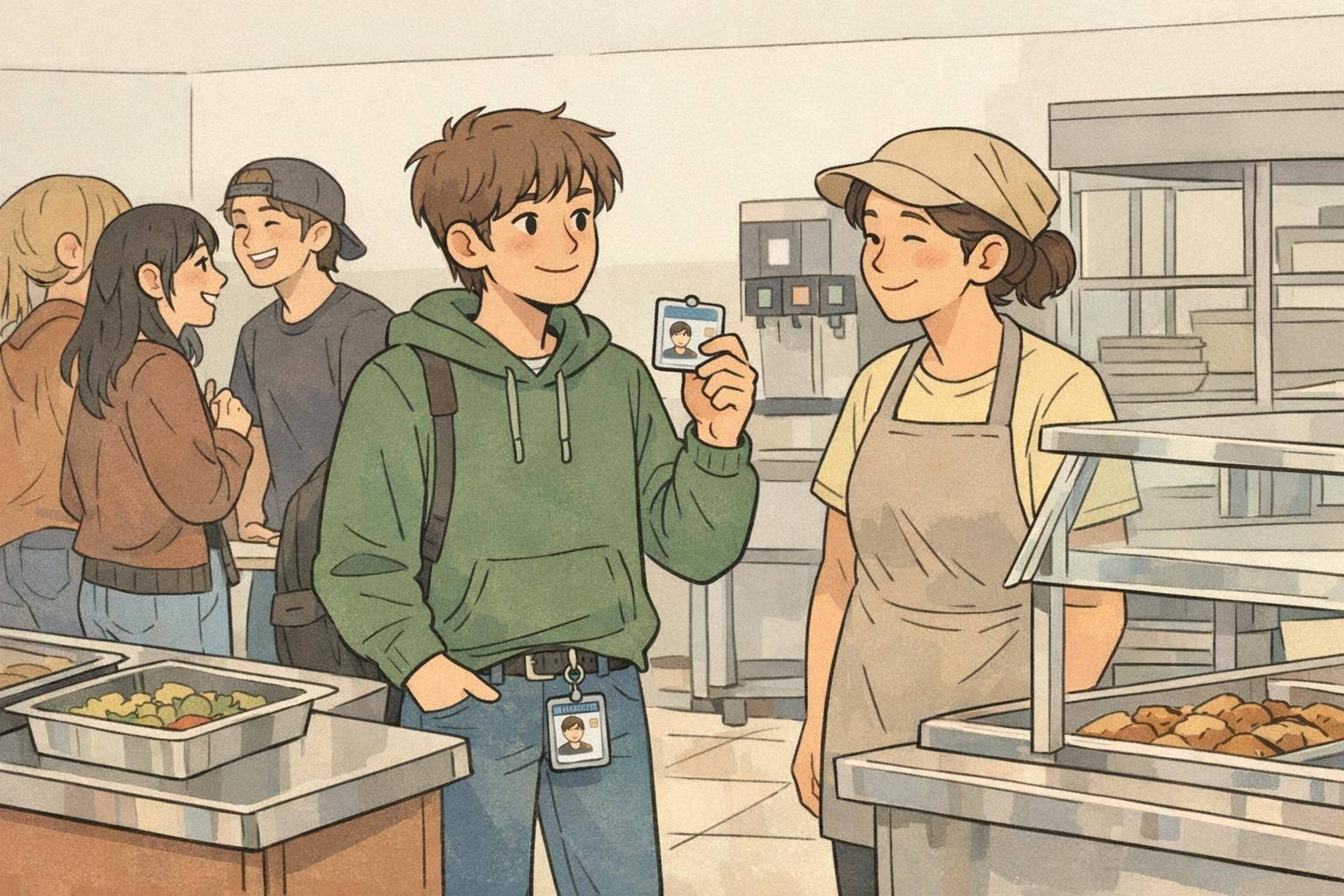 High school student presents an ID card on a retractable clip in a cafeteria line for quick verification, highlighting practical ID use and student responsibility for campus access.