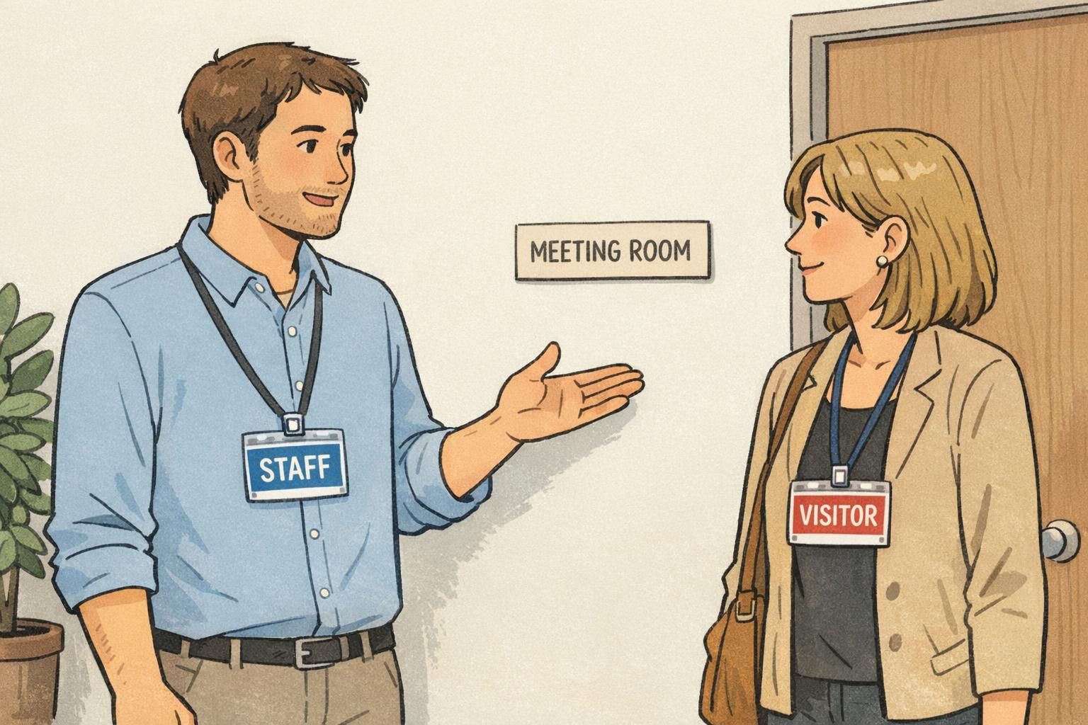 Employee wearing a STAFF badge politely guides a visitor wearing a VISITOR badge toward a meeting room, showing correct badge display and escorting behavior.