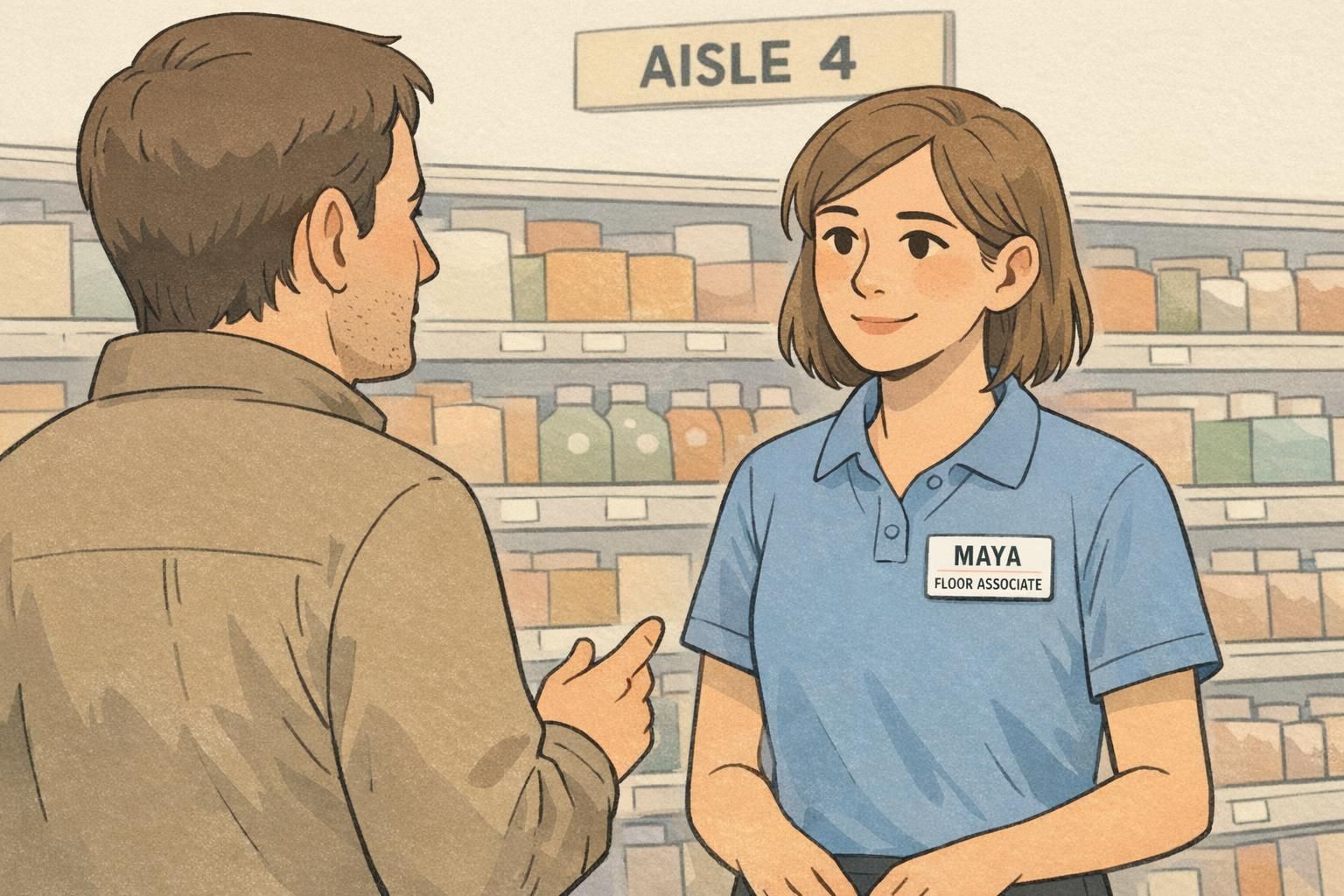 Employee helping a customer in an aisle with a clearly readable customer service badge showing the name and role on the upper torso.