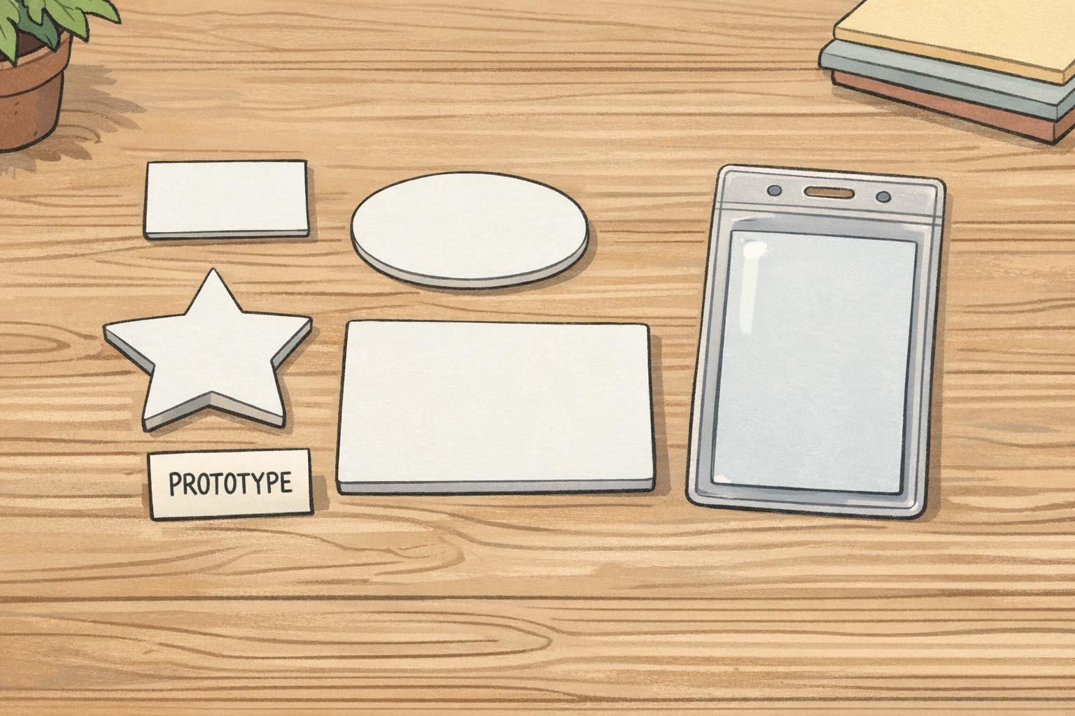 Tabletop layout of paper prototypes in different badge buddy sizes and die-cut shapes arranged next to an ID holder for scale and comparison.