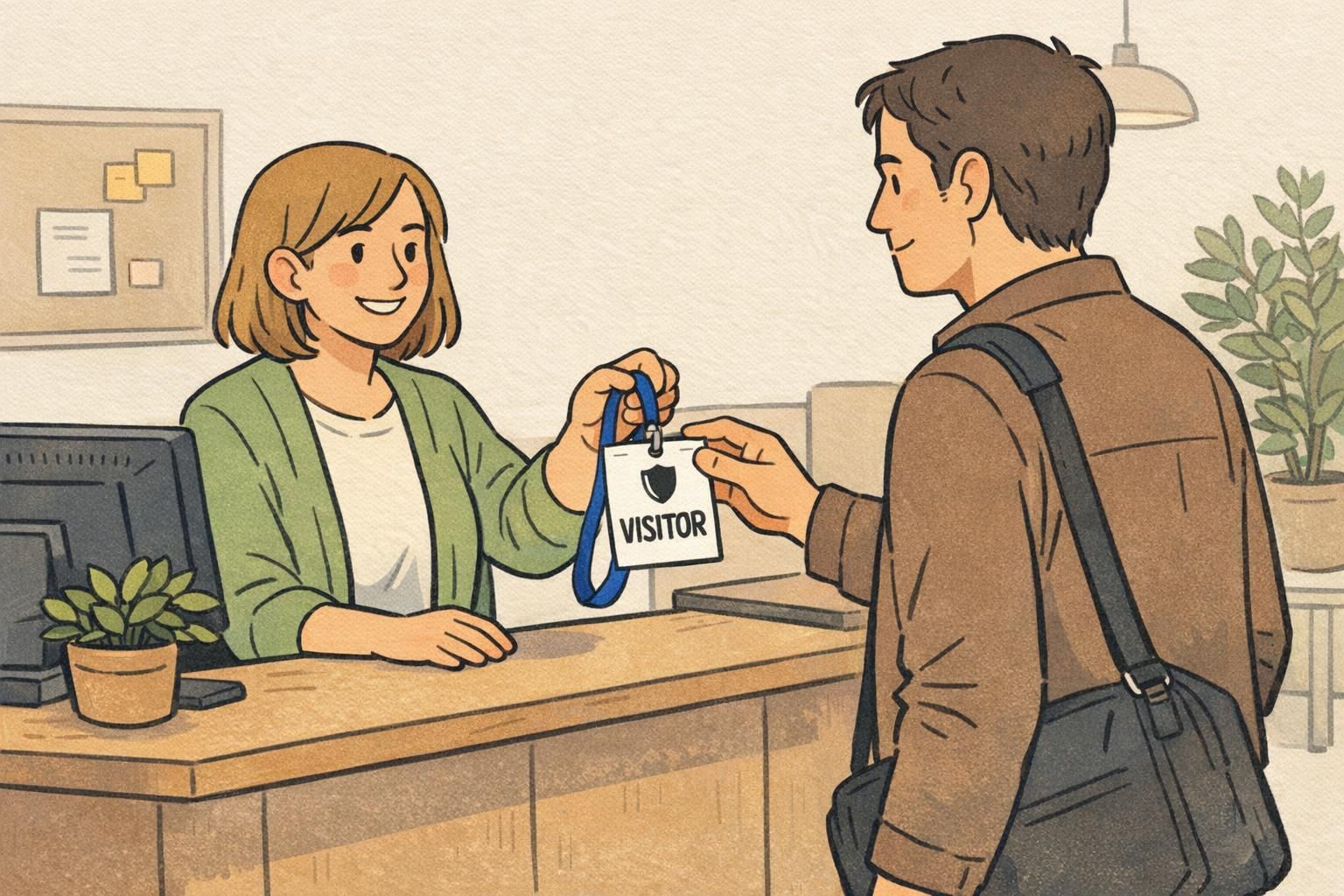 A receptionist hands a visitor a lanyard badge that shows a simple shield icon above the word VISITOR, demonstrating a clear badge icon for visitor access.