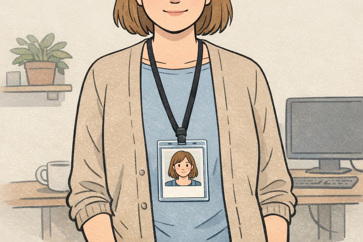Employee wearing a lanyard badge with a centered portrait and comfortable margins around the face, demonstrating proper photo placement for clear identification.