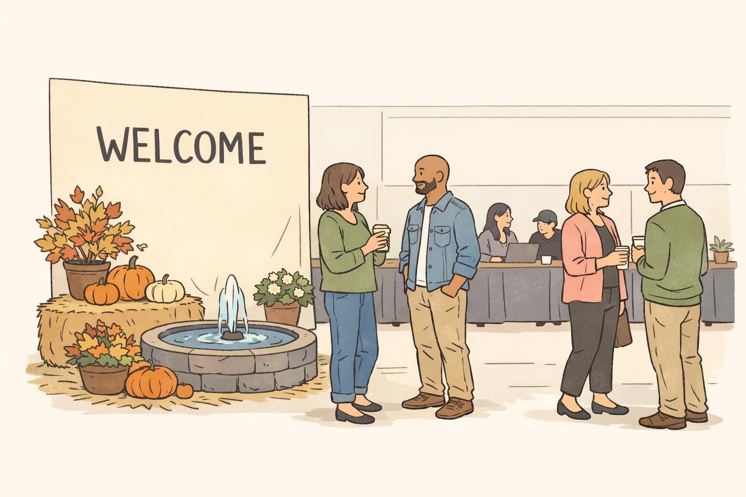 Seasonal welcome corner adjacent to check-in featuring a simple WELCOME backdrop and a small water station that supports a calm event arrival experience.