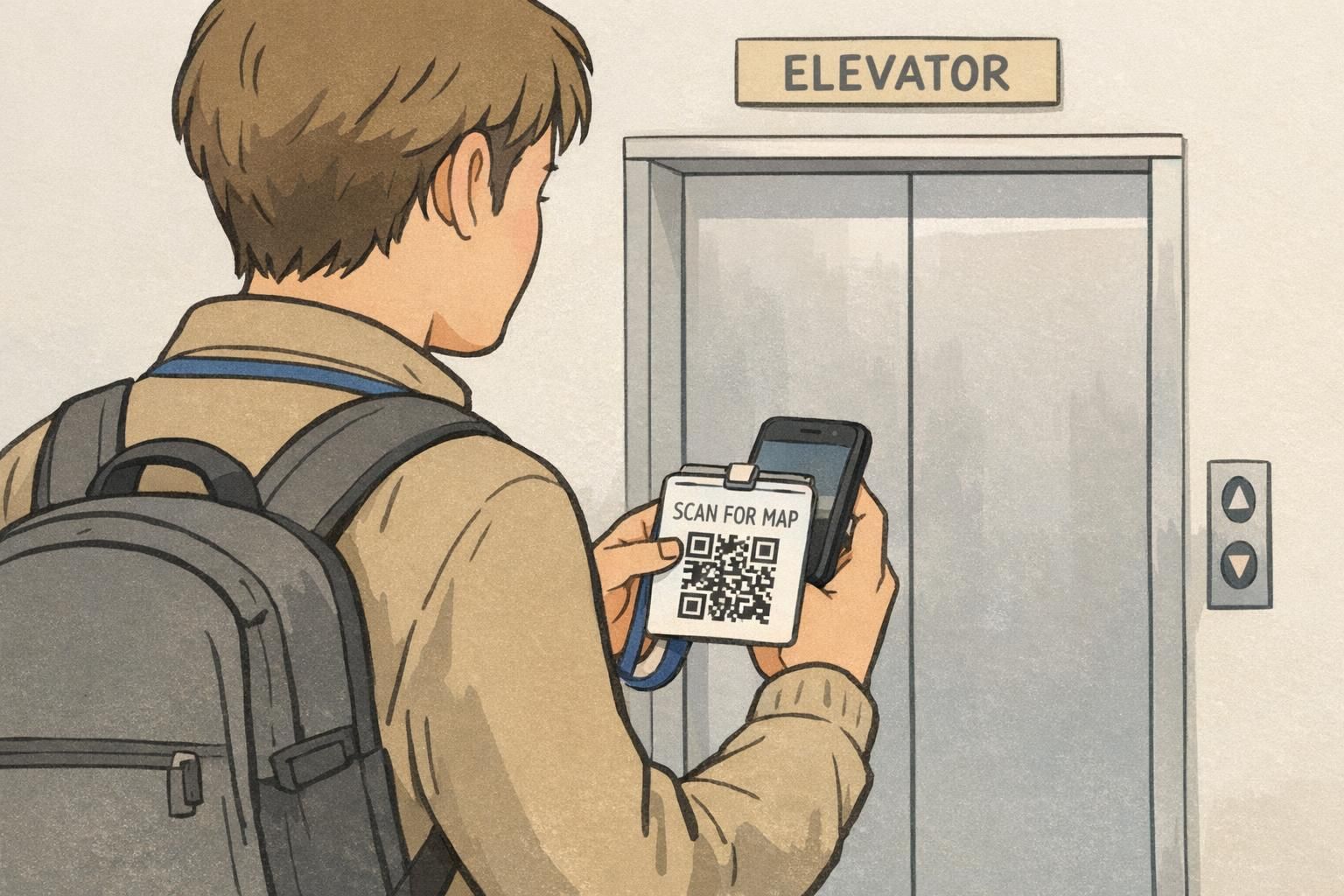 A visitor scans a “Scan for map” QR label on their badge with a phone while standing at the elevator lobby to access full building directions.