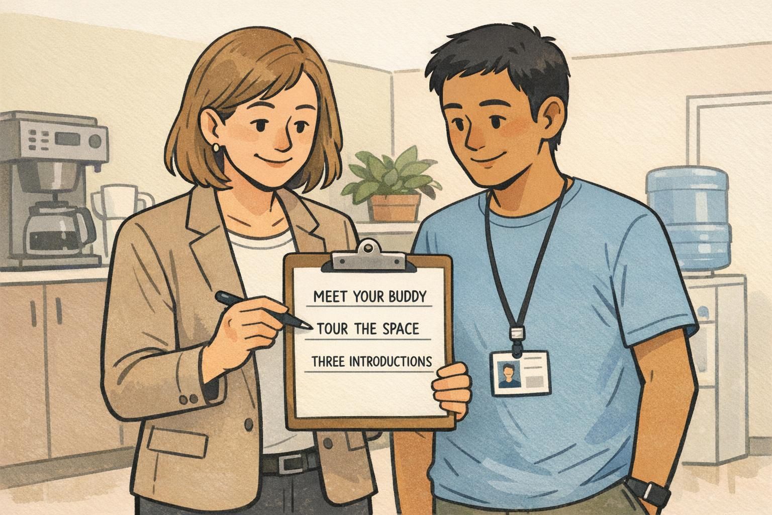 Manager and new employee review a short checklist while the new hire wears an ID badge on a clip, conveying a simple ritual that supports employee belonging.