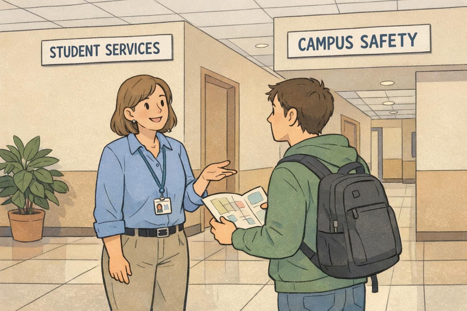 A student asks a staff member for directions in a campus hallway near Student Services and Campus Safety signs while the staff member wears a visible ID on a retractable clip.