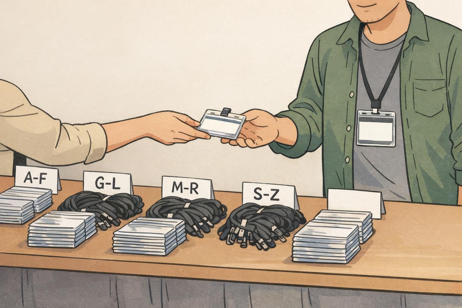 Close-up of an organized badge pickup station tabletop with A–F, G–L, M–R, S–Z dividers, neat stacks of badge holders, and a staff member handing a badge to an attendee.