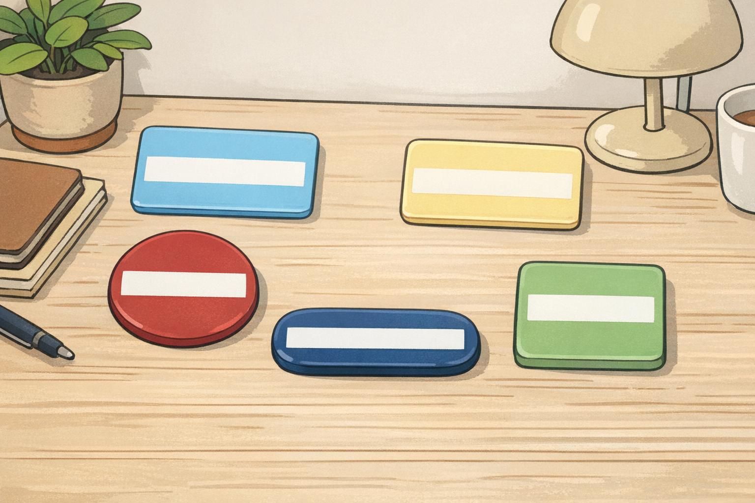 Tabletop arrangement of solid-color badge mockups (light blue, pale yellow, dark red, dark blue, light green) used to plan readable ID colors for different roles.