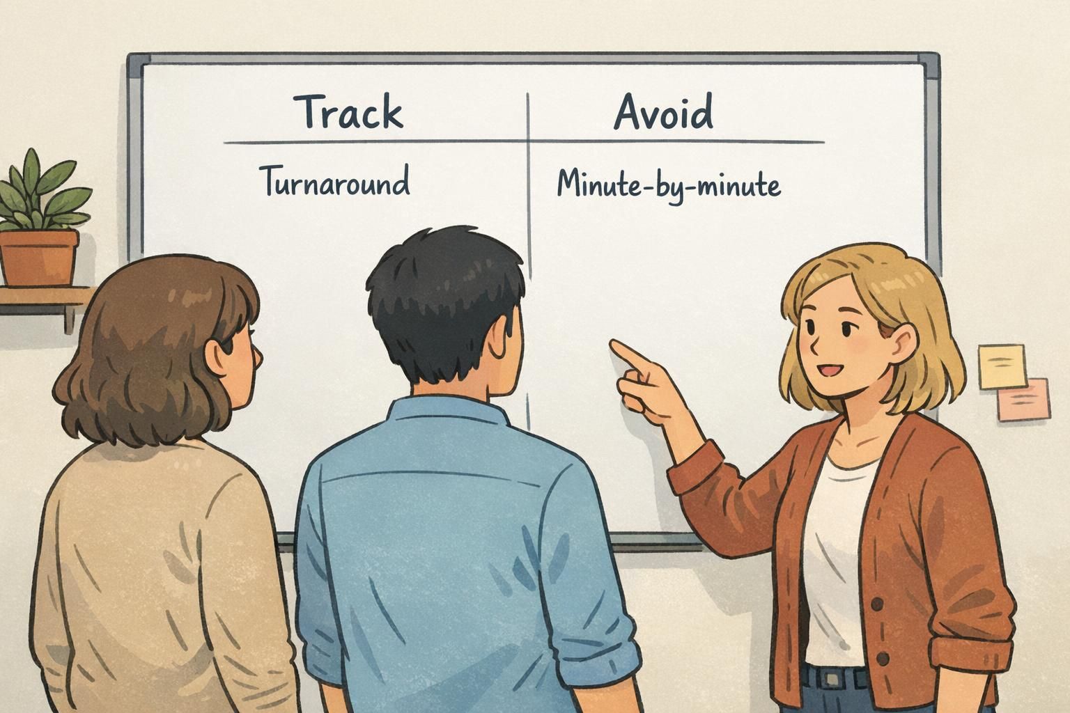A small team reviews a whiteboard contrasting badge program metrics to track versus minute-by-minute monitoring to avoid.