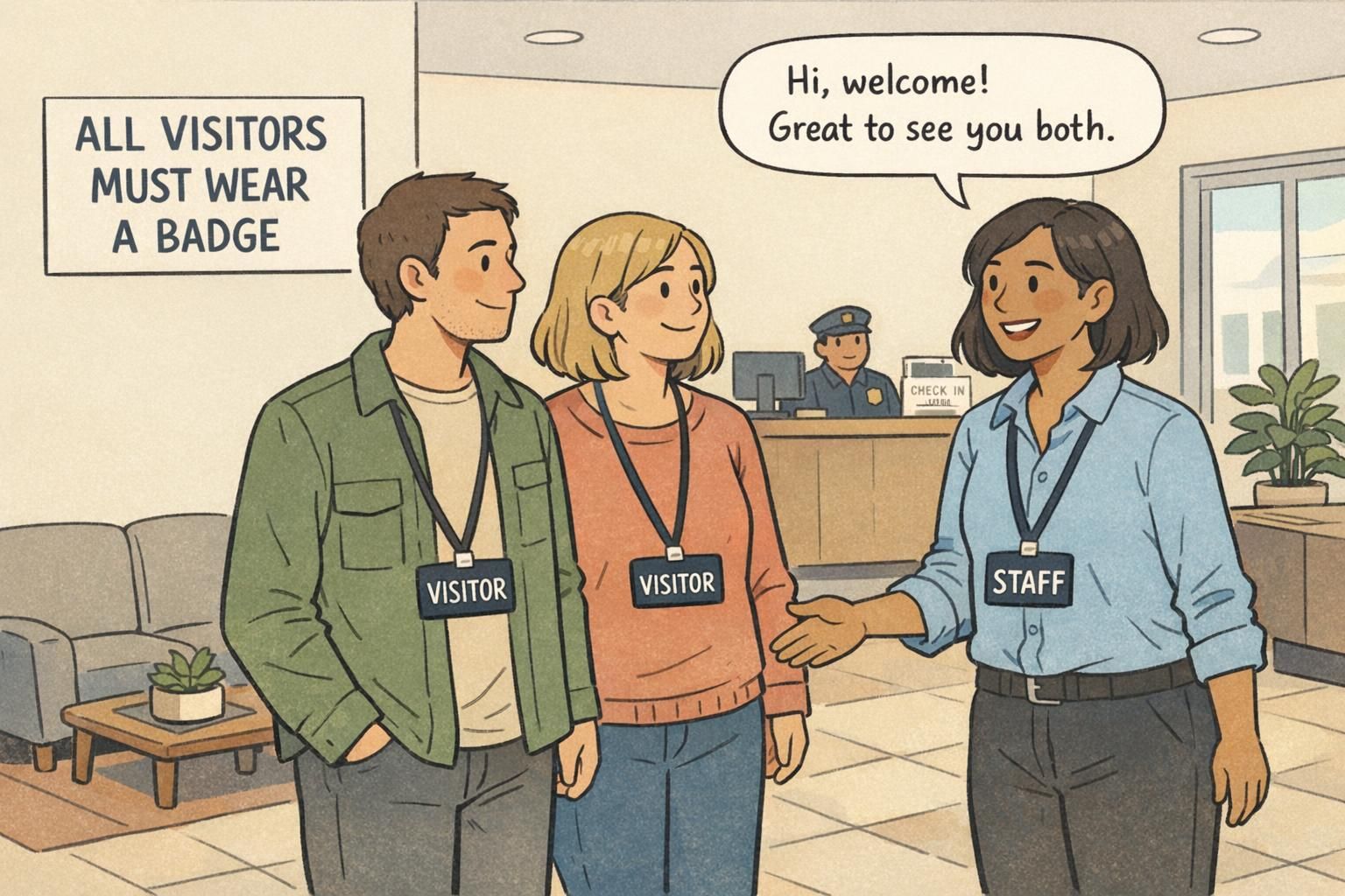 Lobby scene with a wall sign reading 'ALL VISITORS MUST WEAR A BADGE' and people wearing VISITOR and STAFF badges, reinforcing badge-wear expectations.