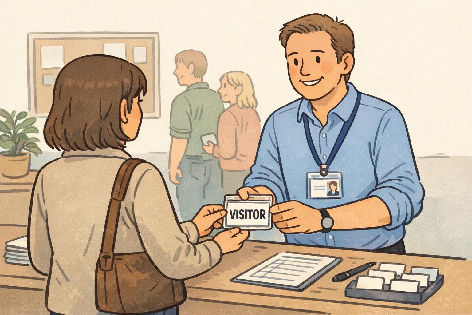 Event host wearing a visible ID on a navy lanyard hands a visitor event badge to an attendee during front-desk check-in to clarify identification.