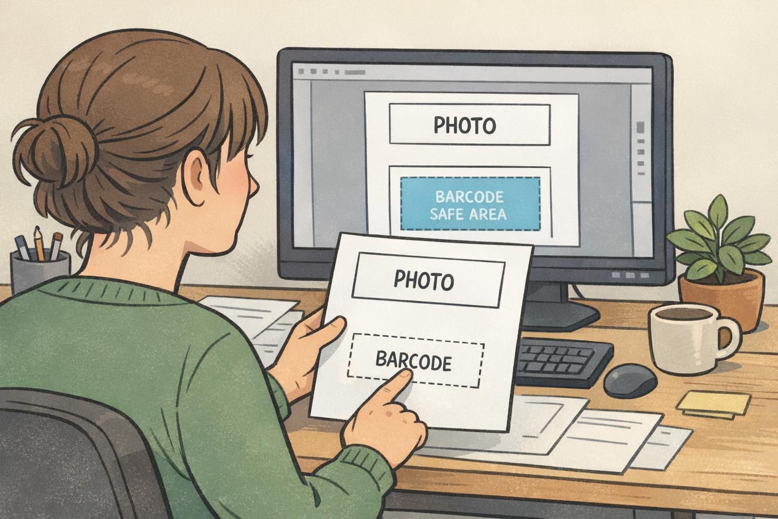 Designer at a desk marking a safe scan zone on a printed badge proof to show correct badge barcode placement away from clips and edges.