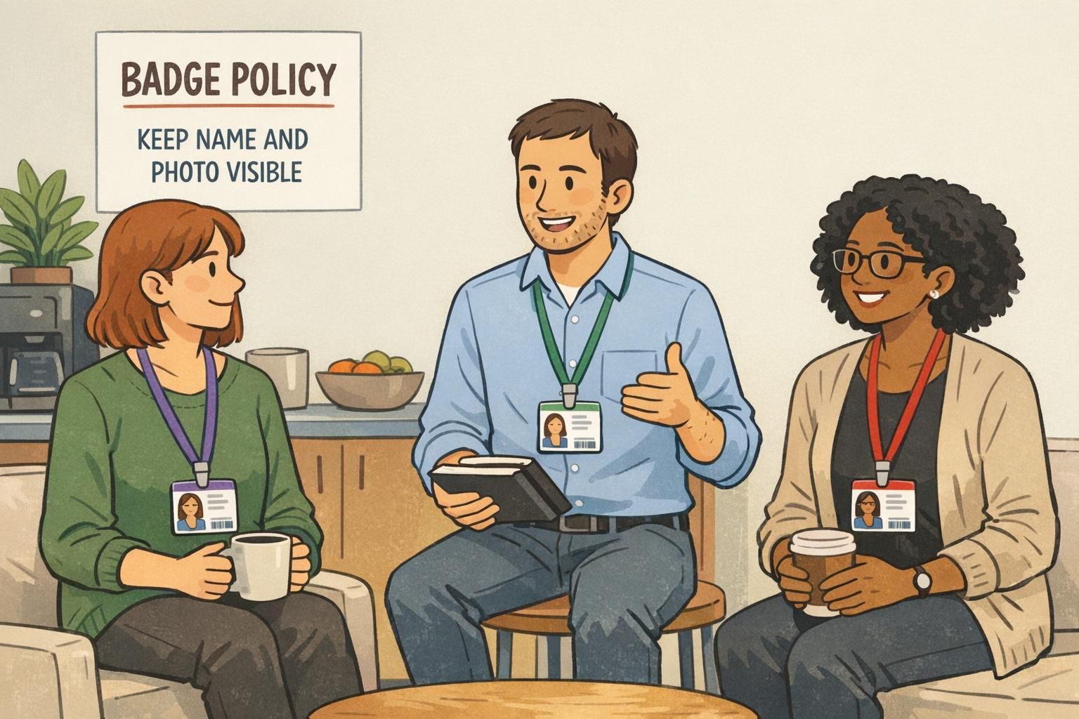 A small team wearing consistent ID badges with different approved lanyard colors, demonstrating cohesive company branding and readable badge faces.