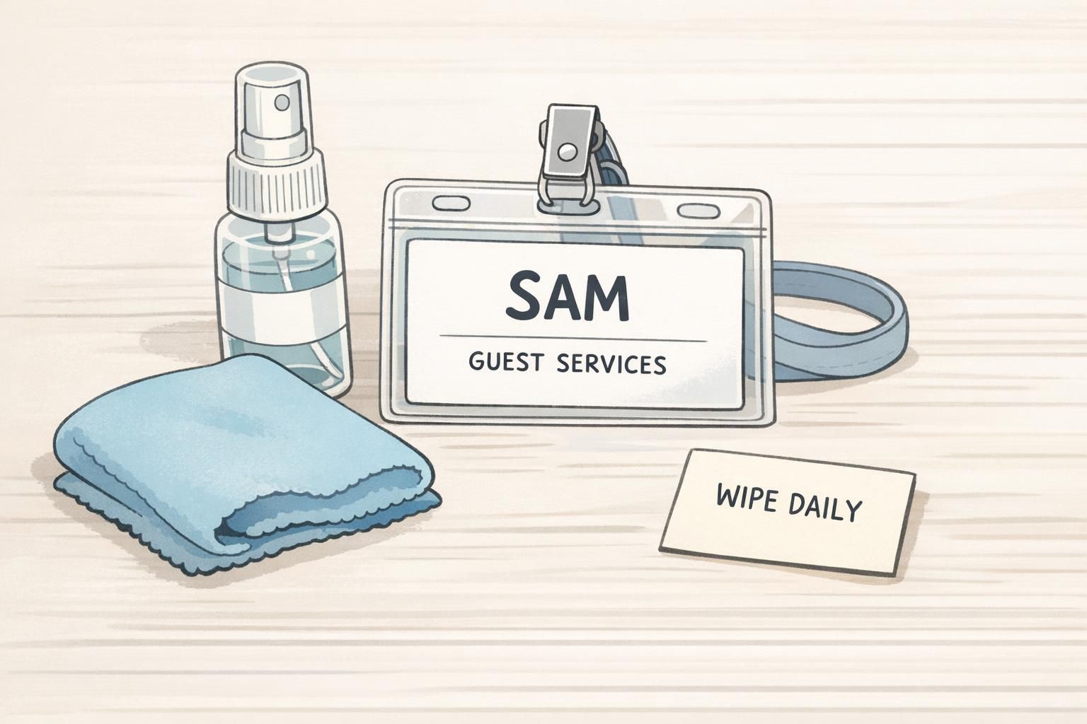 Tabletop with a soft cloth, small spray bottle, and a clear plastic ID badge holder showing an easy routine for cleaning and sanitizing badges.