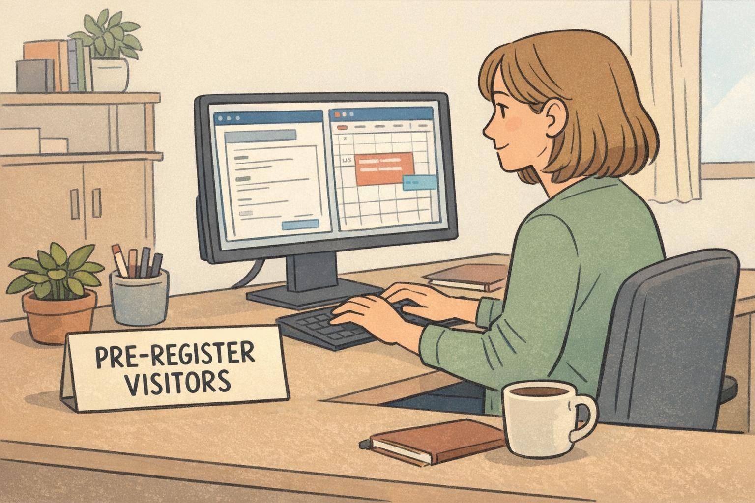 Office host at a desk completing pre-registration on a computer to reduce front-desk workload and speed guest check in.