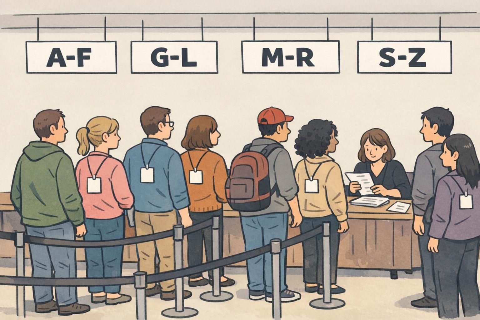 Alphabetized check-in lanes labeled A-F, G-L, M-R, and S-Z at an event check in, with staff using a paper list and attendees waiting.