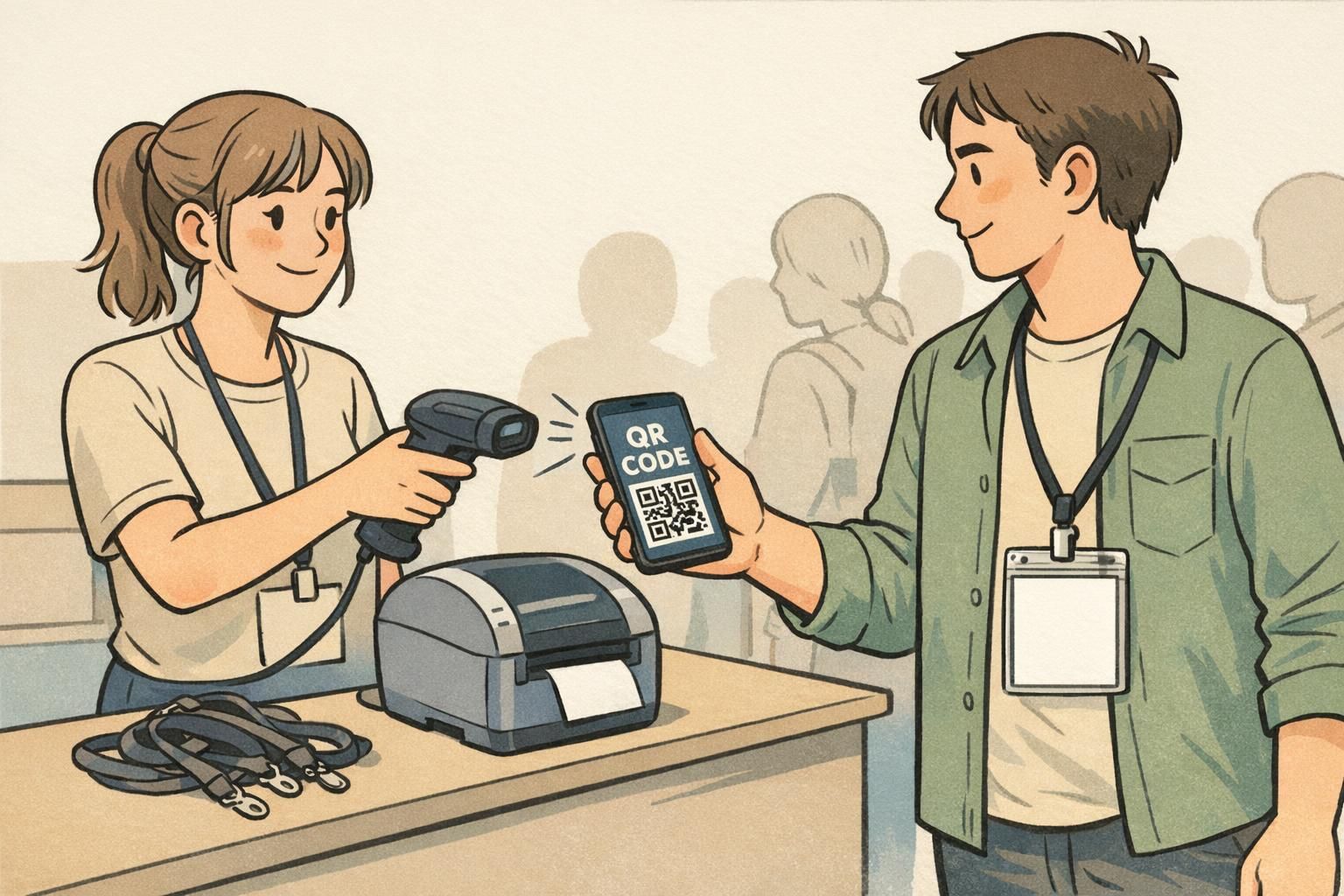 Staffed scanning station where a team member scans an attendee's phone QR code and a badge prints on a desktop printer, illustrating QR badge pickup.