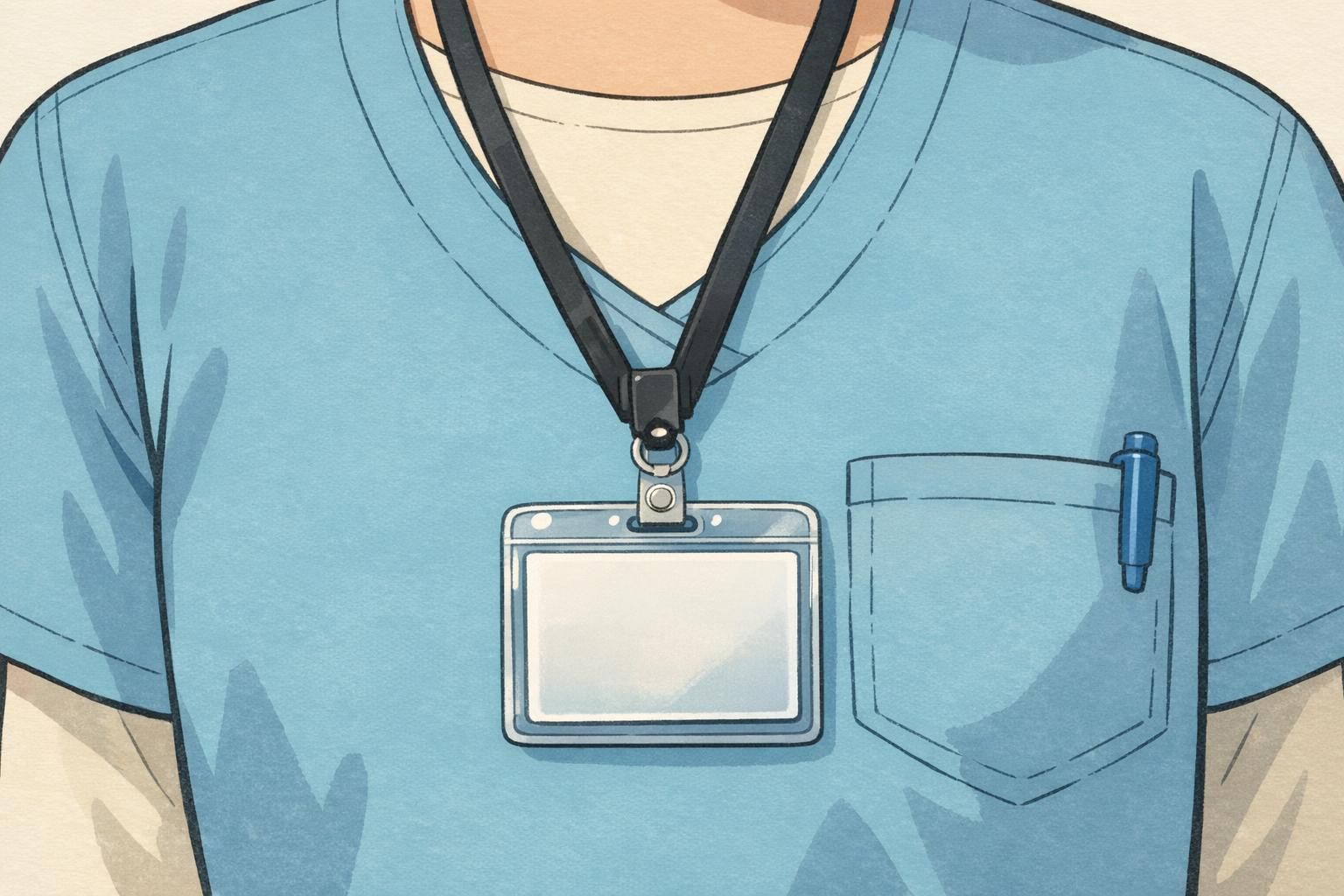 Close-up of healthcare ID badges in a clear vertical holder on a black lanyard, focused on placement and legibility of role labels.