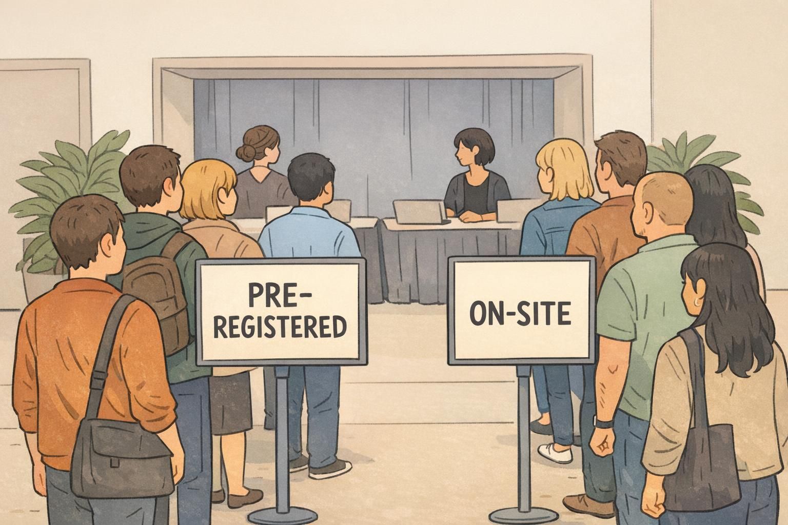Event entrance showing separate pre-registered and on-site check-in lines with clear signage directing attendees during event check in.
