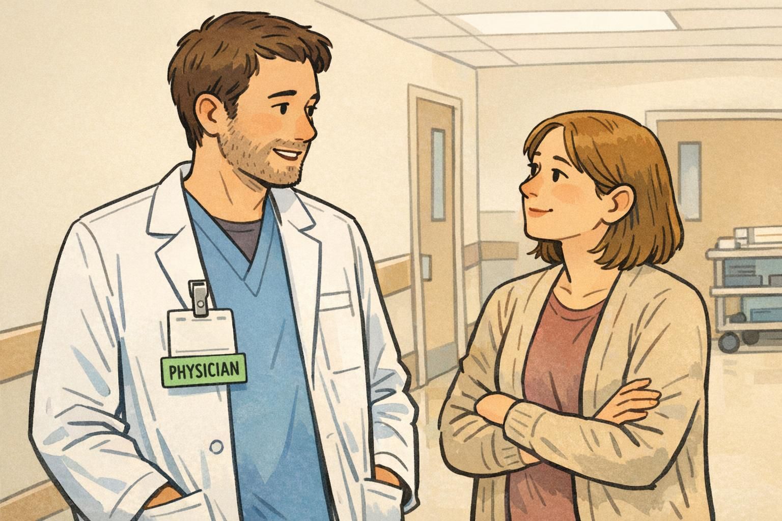 Hospital hallway conversation showing a staff member wearing an ID badge with a light-green rigid badge buddy labeled PHYSICIAN, illustrating predictable placement for a role identifier.
