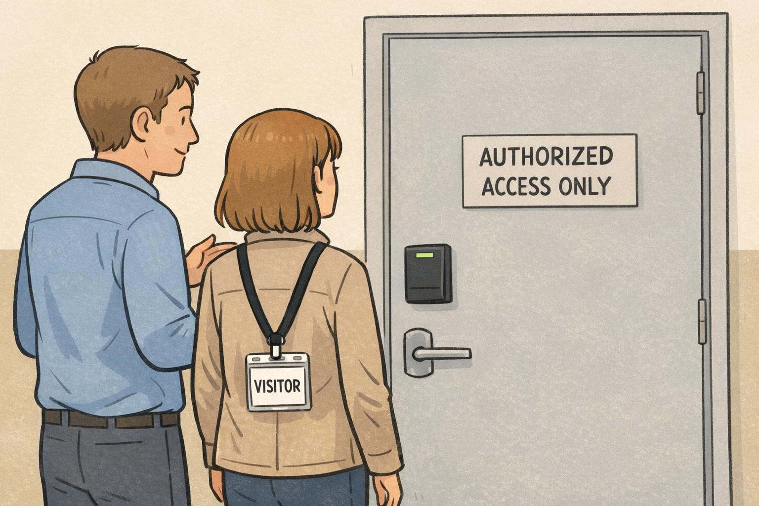 Visitor stands with a host at an authorized-access door next to a badge reader, wearing a VISITOR badge indicating permitted zone entry.