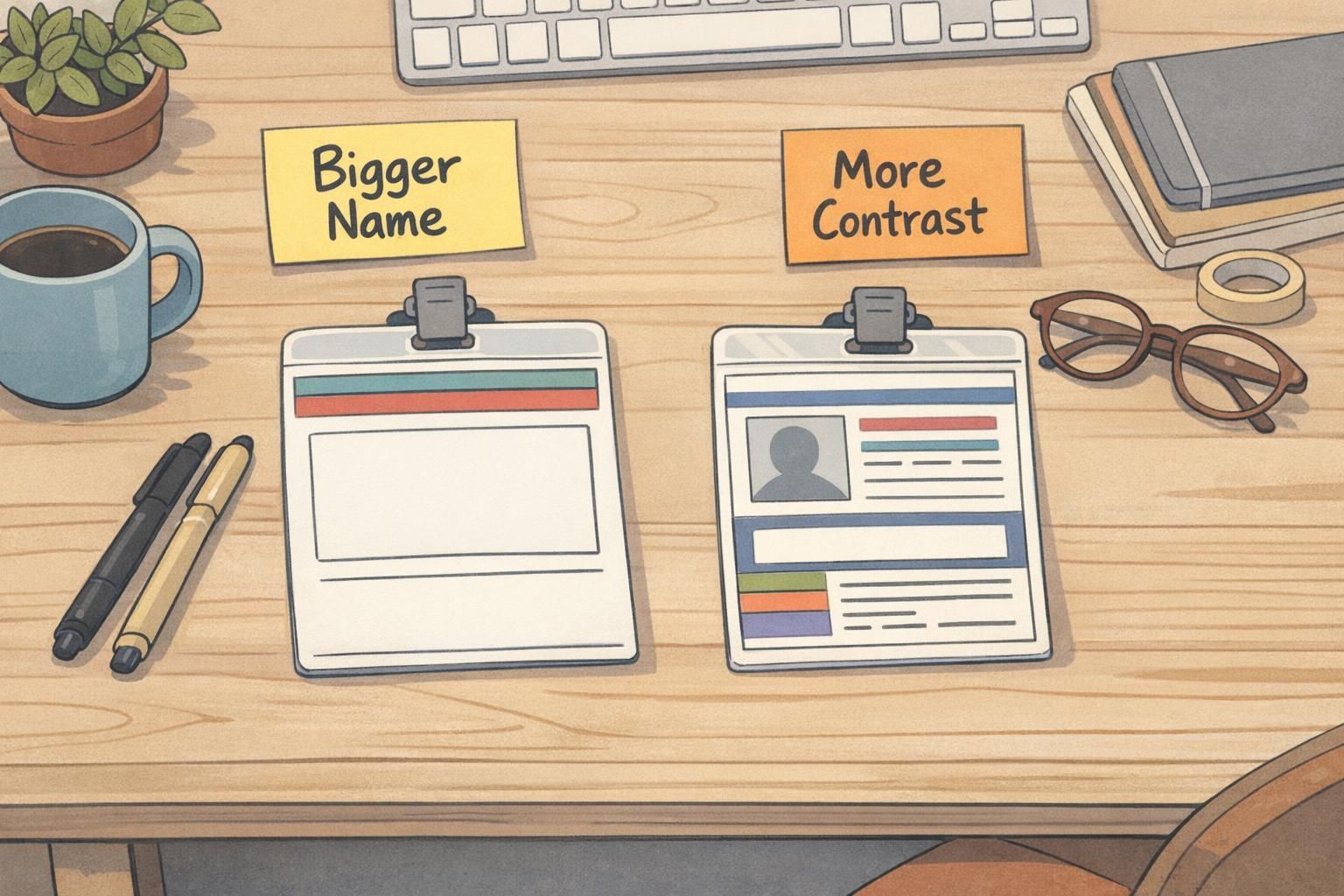 Two printed badge drafts side by side on a desk showing a large-name layout versus a cluttered layout for quick comparison.