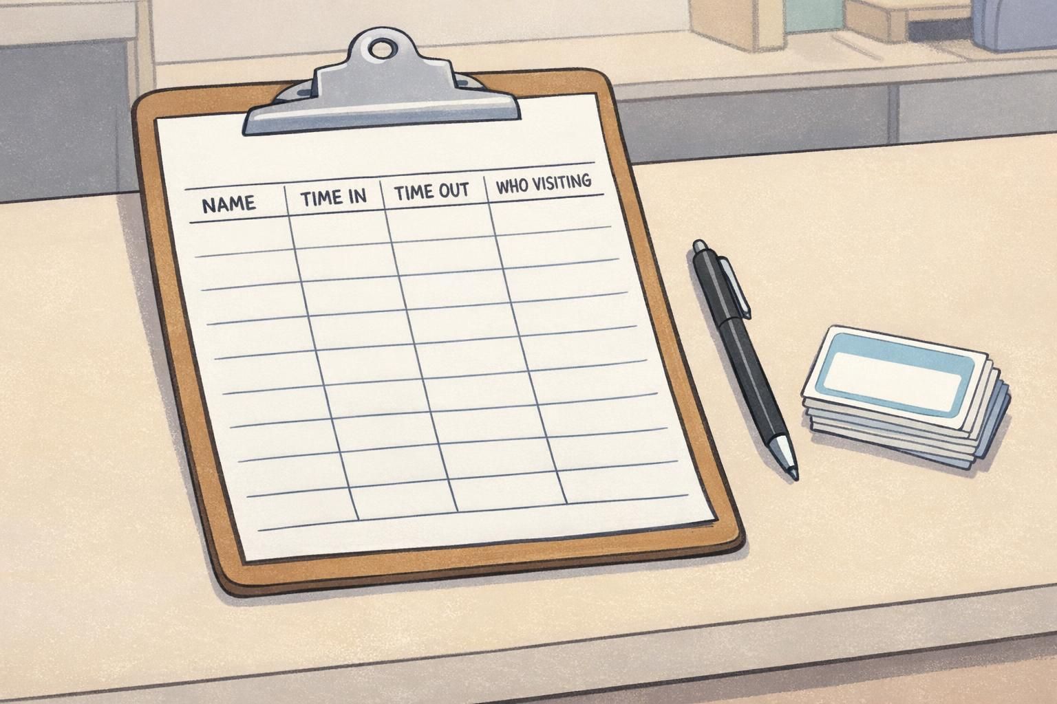 Front office clipboard sign-in log with columns for name, time in, time out, and visiting host next to a stack of blank visitor stickers.