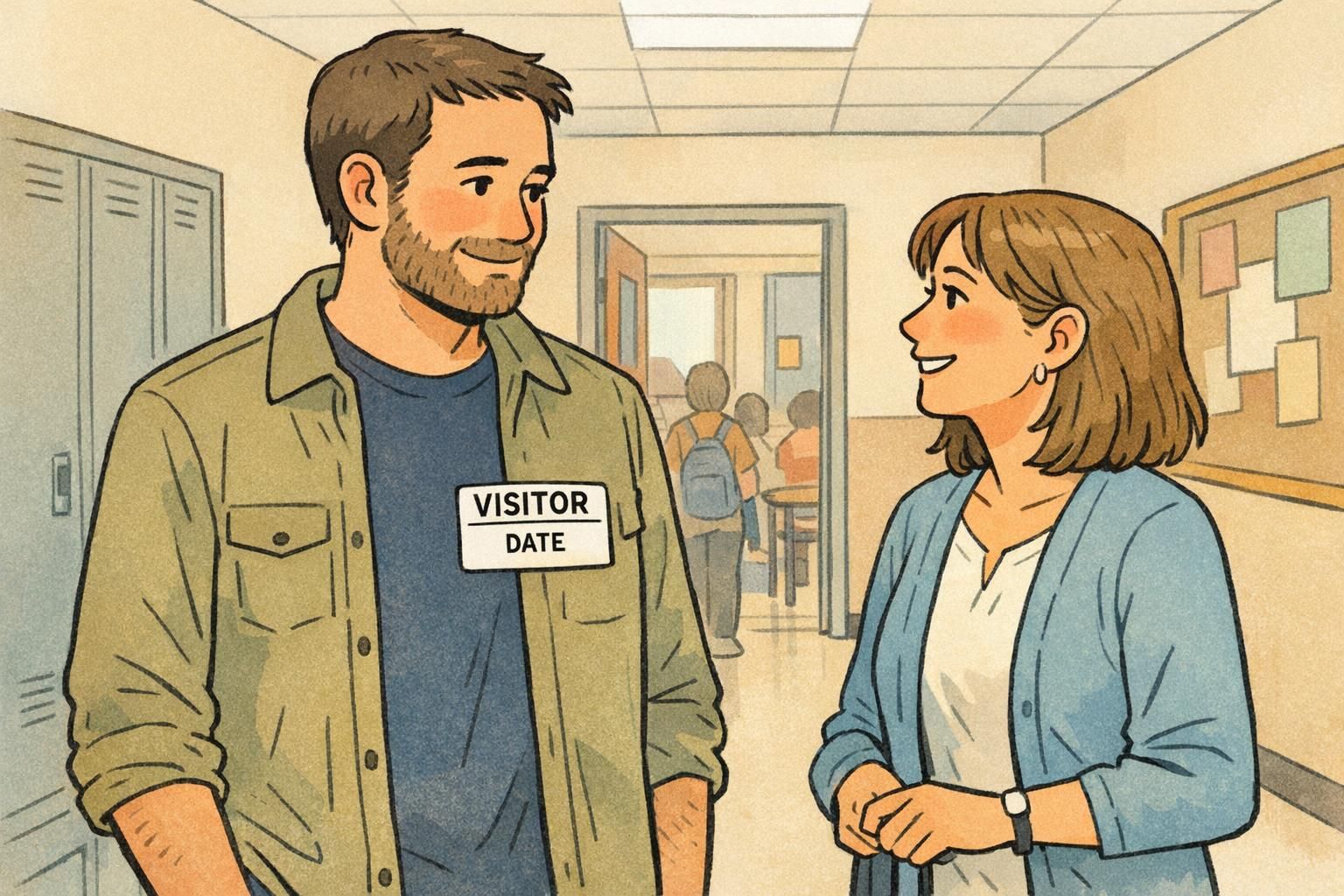 A visitor in a school hallway wearing a visible visitor sticker on outer clothing while a teacher offers a friendly greeting.