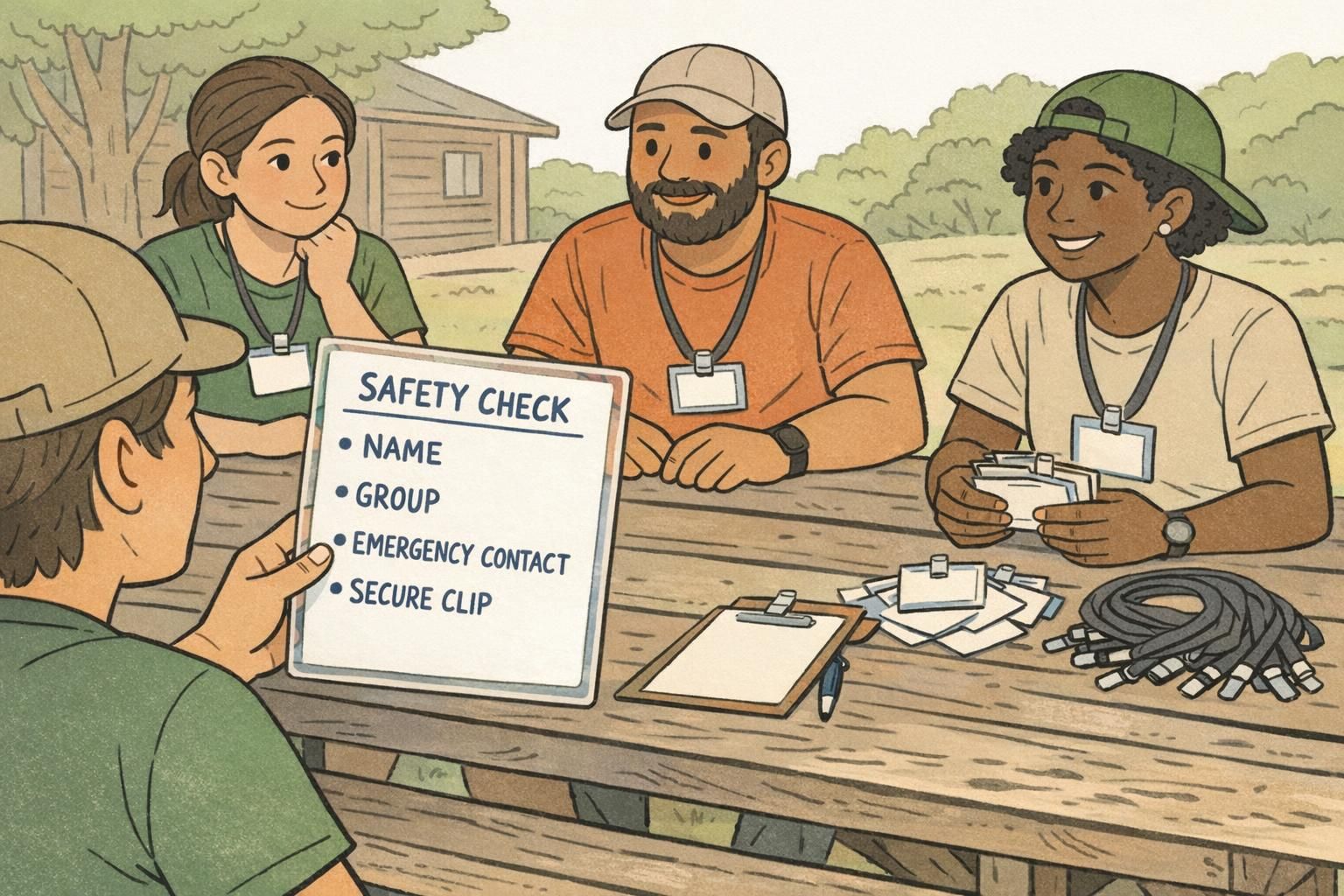 Camp staff sit at a picnic table reviewing a laminated safety checklist while discussing camp name tags, group labels, emergency contacts, and secure clips.